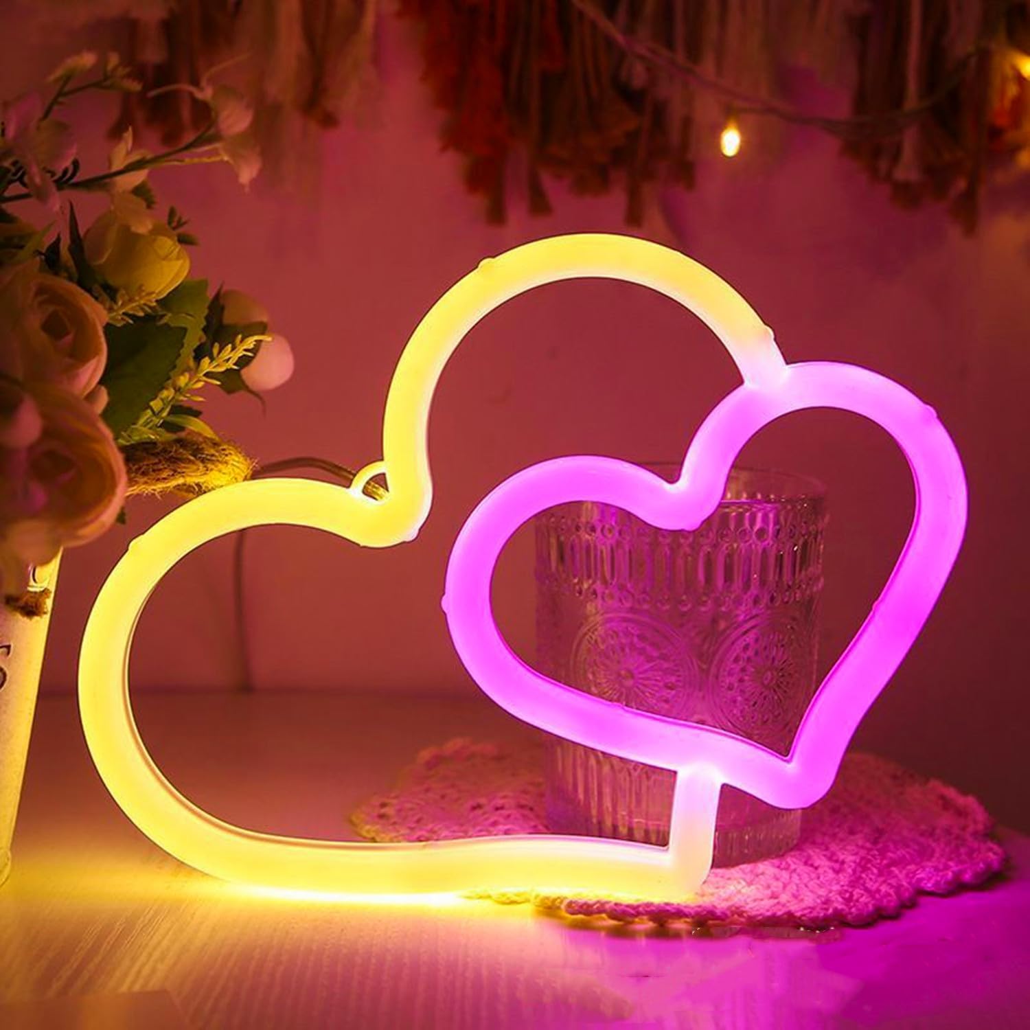 HFHungkeong LED Neon Heart Sign,Love Hearts Decor for Girls Pink Room Bedroom Dorm,USB or Battery Powered Heart Lights for Wedding Valentine's Day Mother's Day Window Wall Decorations