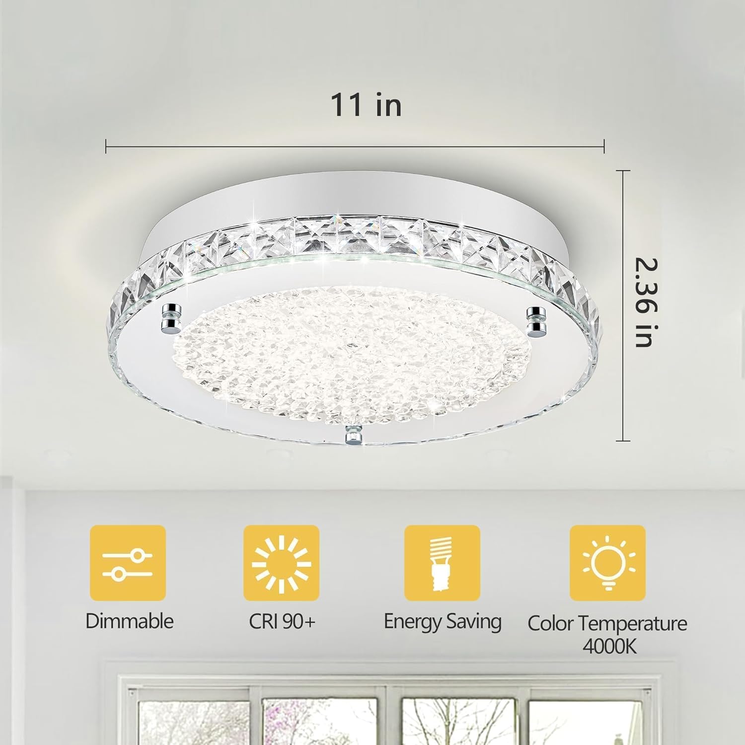 Crystal Ceiling Light Flush Mount Light Fixture Modern LED Ceiling Lamp for Foyer, Bedroom, Bathroom, Closet, Dimmable, 11 Inch, 18W