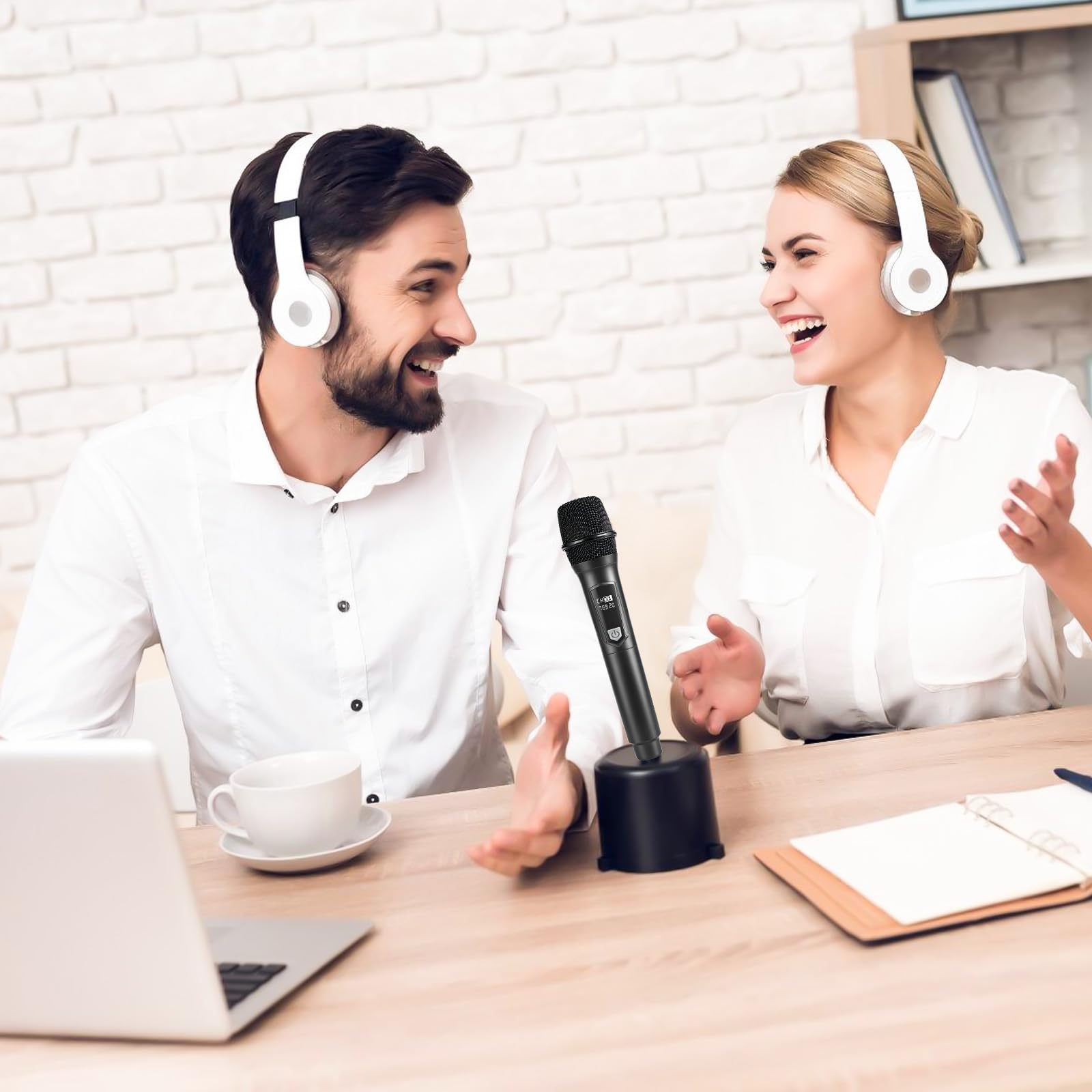 Set microfono senza fili, doppio microfono, microfono a mano, ricaricabile, dinamico con ricevitore, portata di ricezione 20 m, microfono karaoke, microfono per palcoscenico, conferenza, KTV a casa