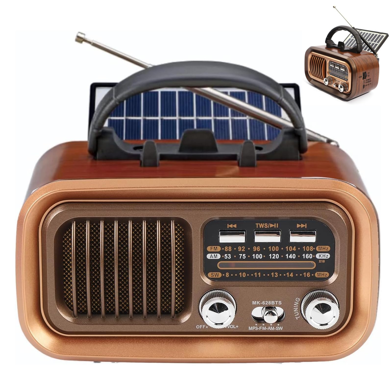 Radio Multifuncional de Tres Bandas, Estilo Retro con energía Solar, Perilla Independiente e indicador de frecuencia, Compatible con Tarjeta TF/USB. Ideal para Personas Mayores