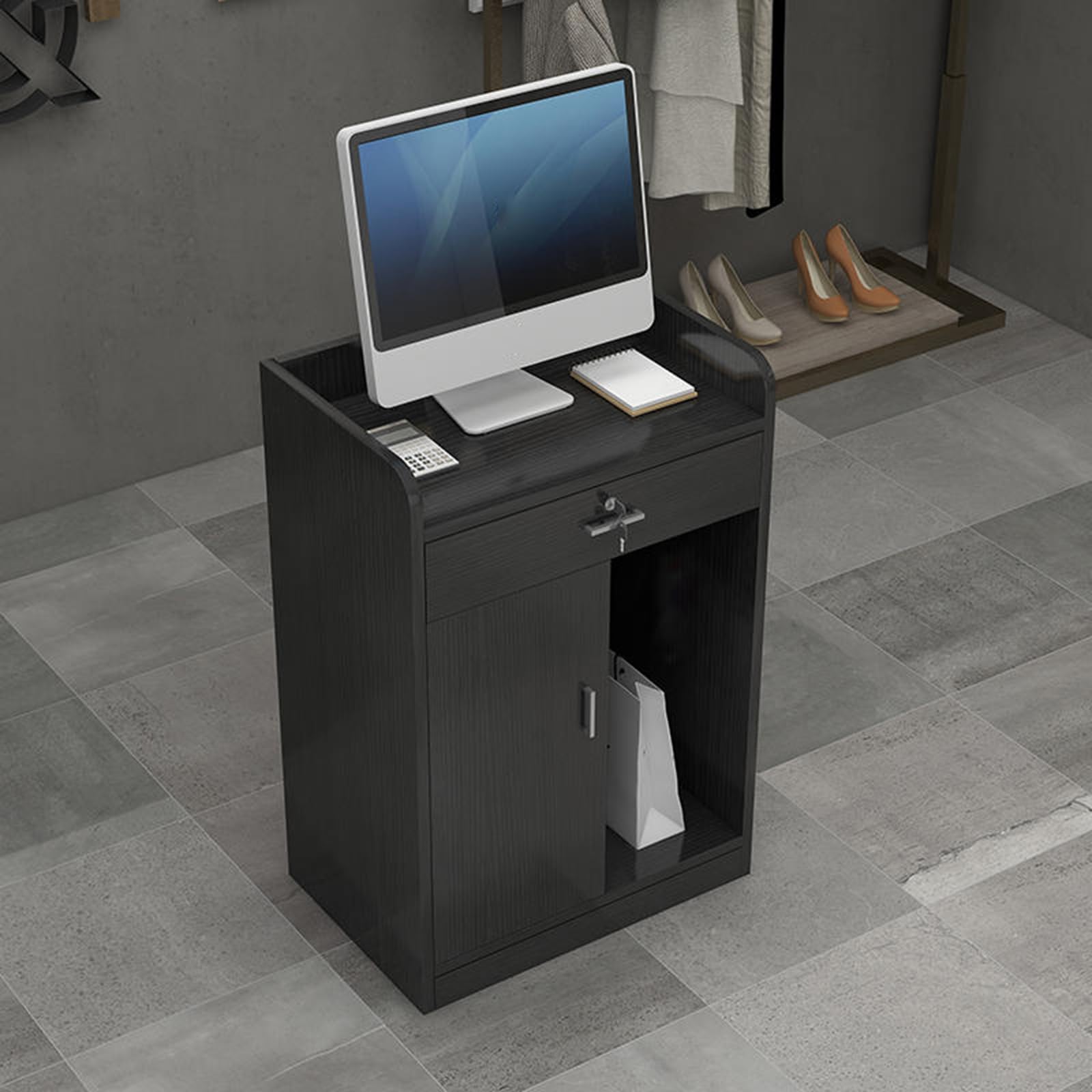 Abschließbarer Empfangstisch mit Aufbewahrungsschrank, Eck-Kassentisch für Einzelhandel und Büro, 61 x 40,6 x 91,4 cm, schwarzes Walnussholz-Finish – ideal für Lobby und Geschäft