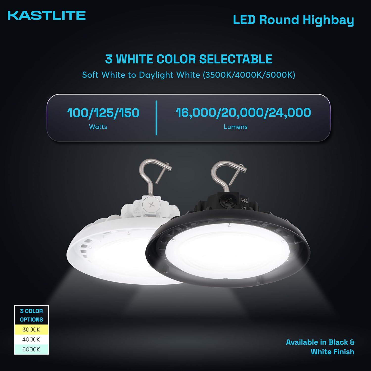 KASTLITE 11" Dimmable 3-Way LED UFO High Bay Light, 100/125/150W, 35000K-5000K Color Selectable, 16000-24000 Lumens, 120-277V, White - Garage Office Warehouse Home Commercial Lighting