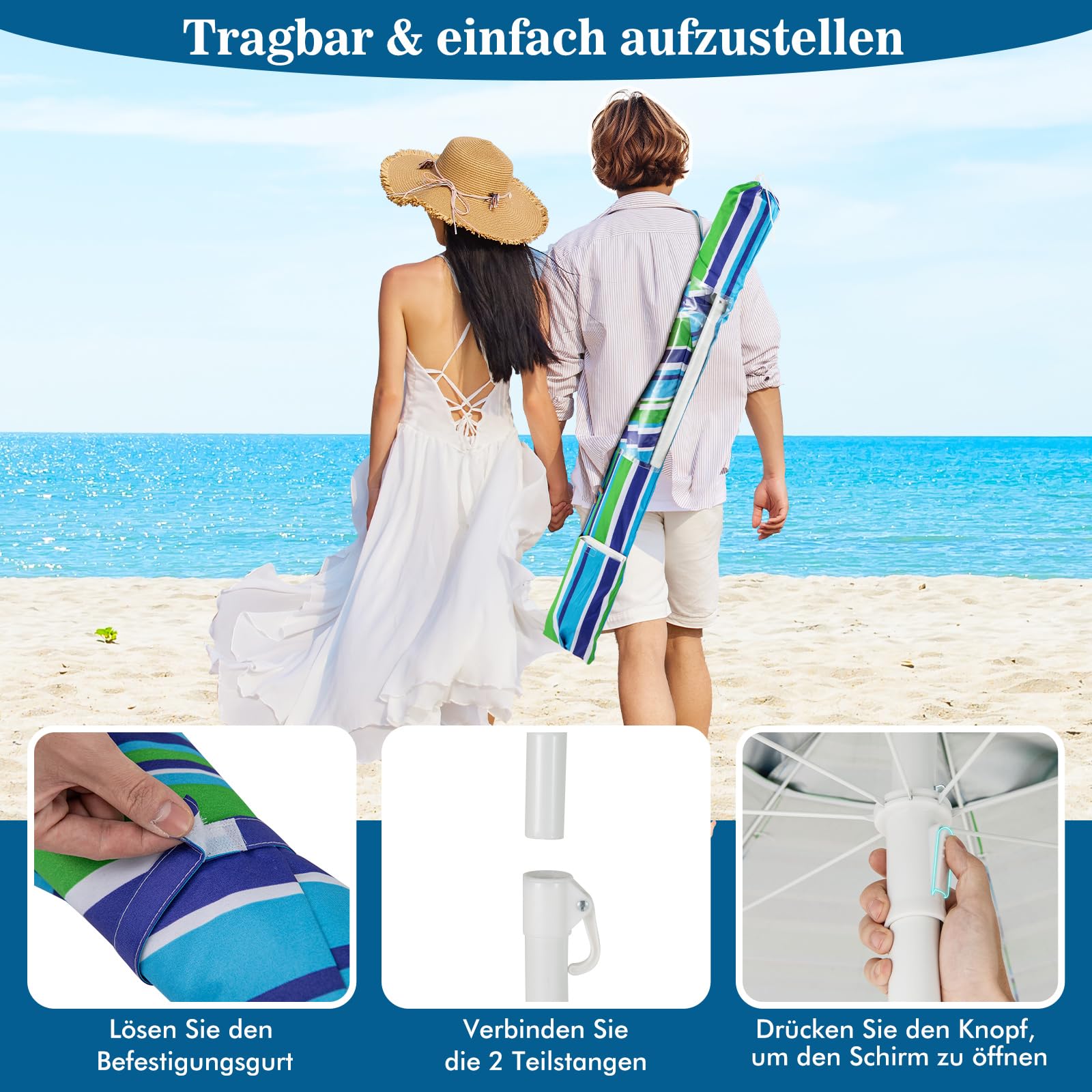 COSTWAY Parasol przeciwsłoneczny, 182 cm, odporny na wiatr, stabilny, UPF 50+, możliwość zginania w zakresie 30°, ochrona przed słońcem z ostrzem do wbijania w ziemię i torbą do przenoszenia, parasol
