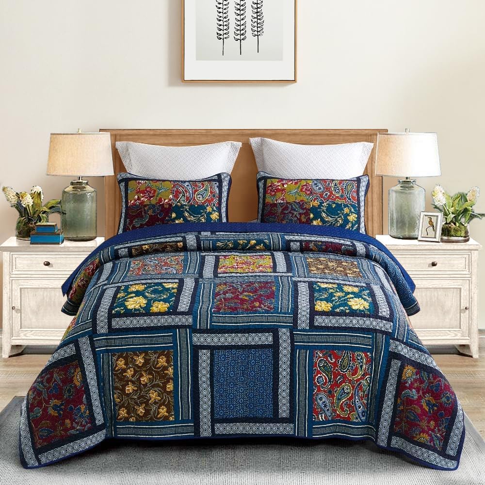 DECMAY 100% Cotton California King Quilt - Oversized King Bedspread, Handmade Real Patchwork Quilts for All Season, Lightweight Country Quilt Sets with 2 Pillowcase
