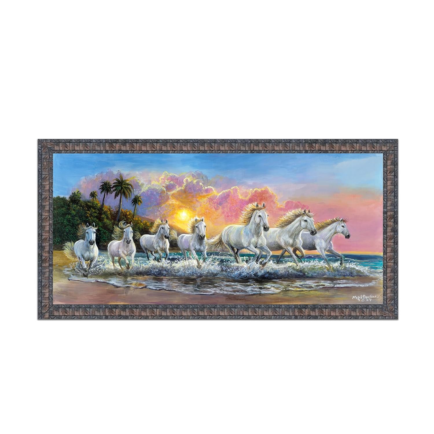 Colours of Nature Big Size 7 Horses Vastu Frame Wall Art Painting, White Running Horses On Water Painting Rising Sun Wall Decor, Multicolor, Nature, 71.0 cm x 36.0, Set of 1
