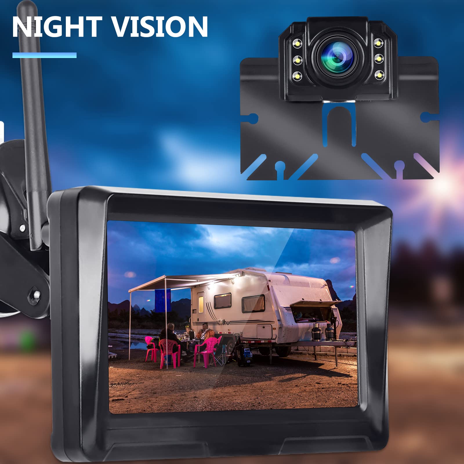 Hodozzy Cámara de Marcha Atrás Digital Inalámbrica con Camara y 5 Pulgadas Monitor Kit de Vehículo HD 1080P con Visión Nocturna, IP69 Impermeable Cámara de Visión Trasera para Coche Camiones 12V-24V