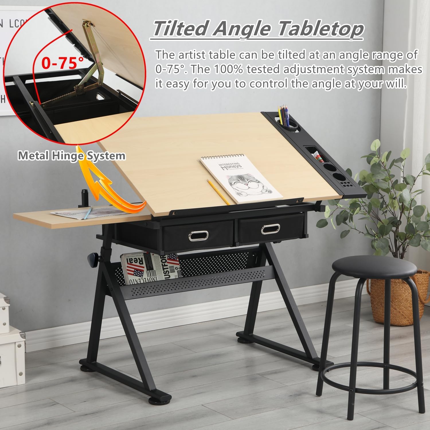 Drafting Table with Stool, Height Adjustable Drawing Table Art Table Painting Table Art Craft Desk with 0-75° Tilting Tabletop and Storage Drawers, Brown