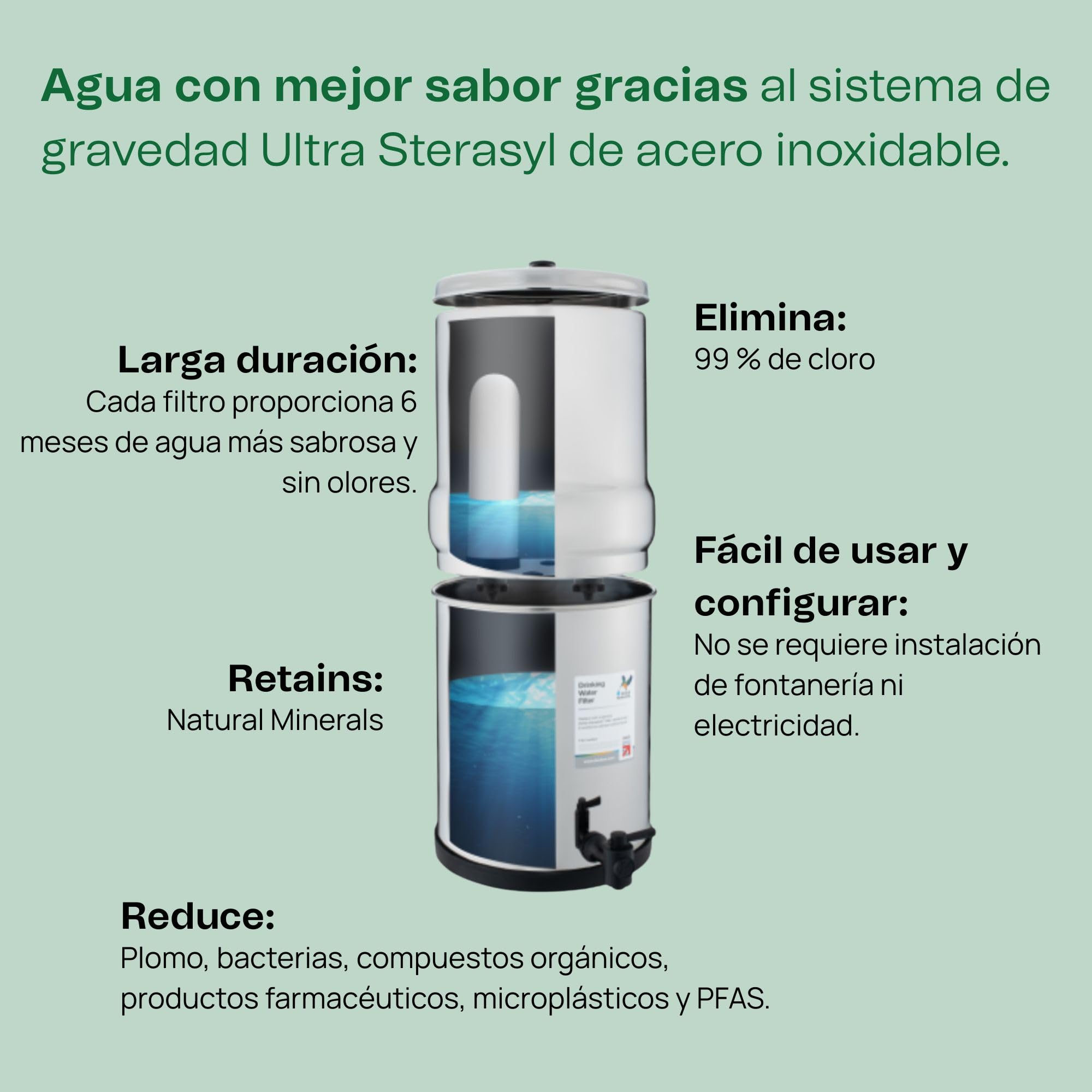 British Berkefeld Sistema De Filtro De Agua Por Gravedad De Acero Inoxidable De 6 Litros | Incl. 2 cartuchos Ultra Sterasyl | Agua limpia con un sabor excelente |No requiere electricidad ni fontanería