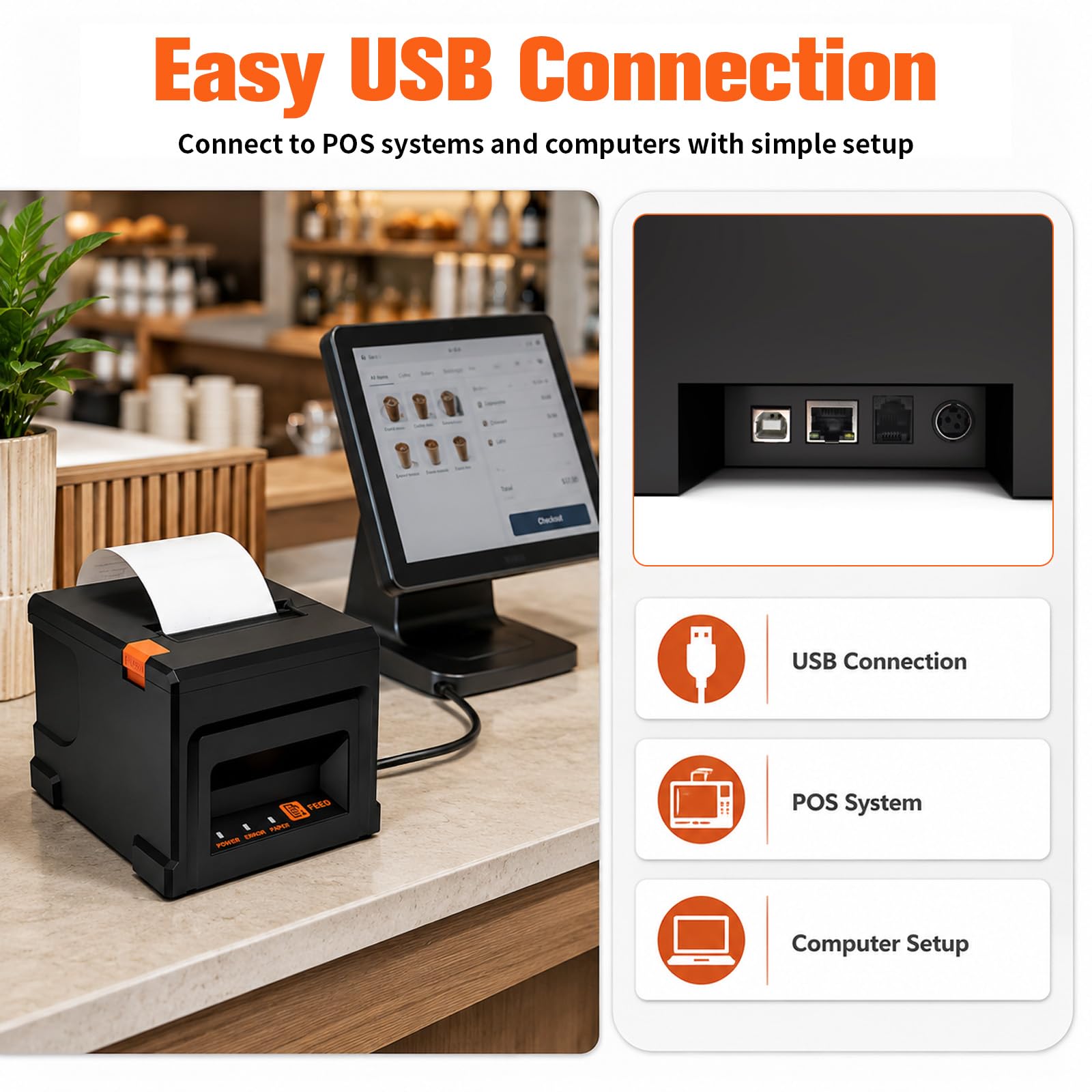 Drukarka termiczna 220 mm/s – drukarka bonów z automatyczną obcinarką do papieru, USB, bezgłośna i cicha praca, do systemu Windows/Mac, w zestawie 5 rolek papieru termicznego 80 mm, do handlu