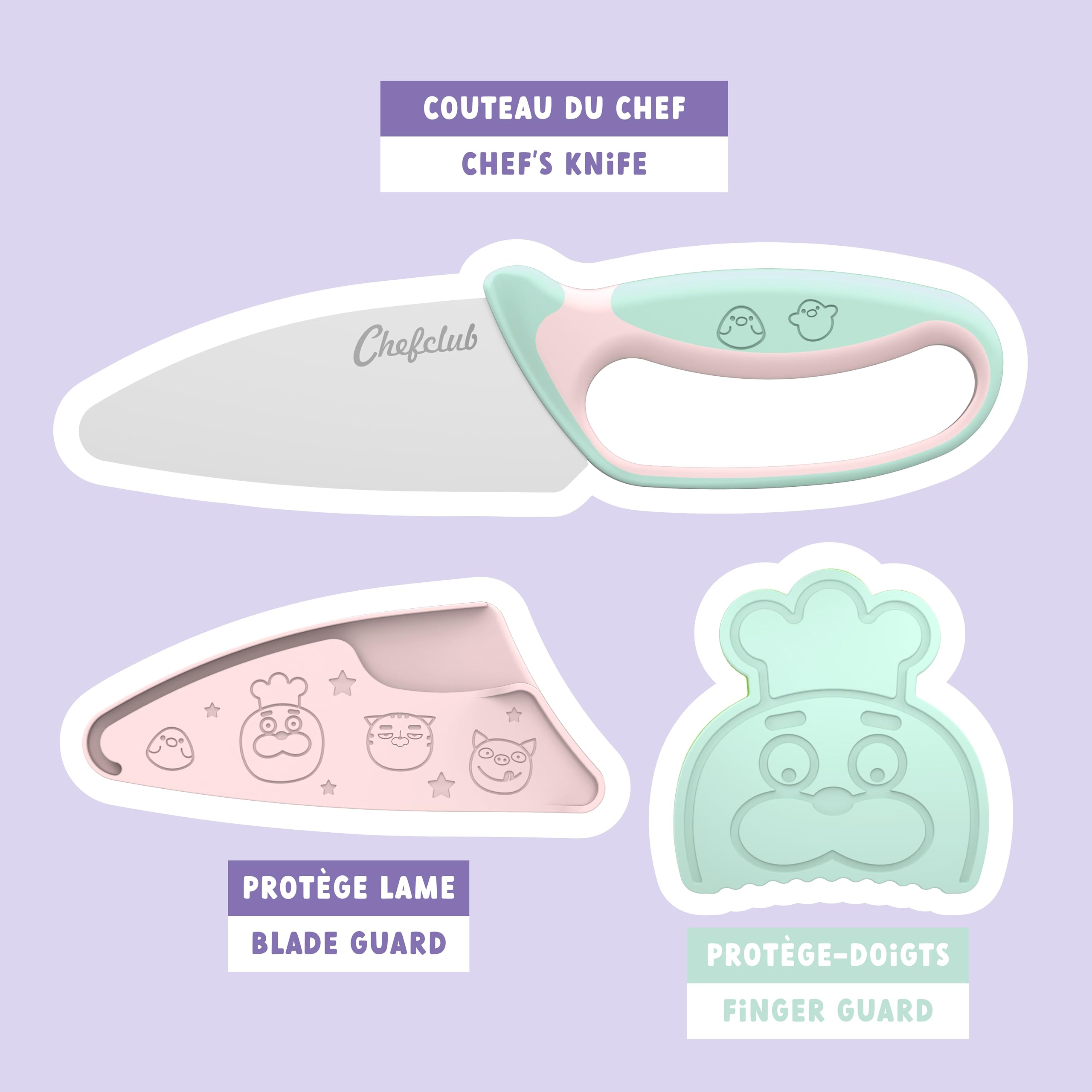 CHEFCLUB KIDS - Kit de cuchillos de cocina para niños - Hoja de acero inoxidable - Protector de dedos y hoja - Utensilio seguro y ergonómico - Rosa y verde pastel - Ideal a partir de 7 años