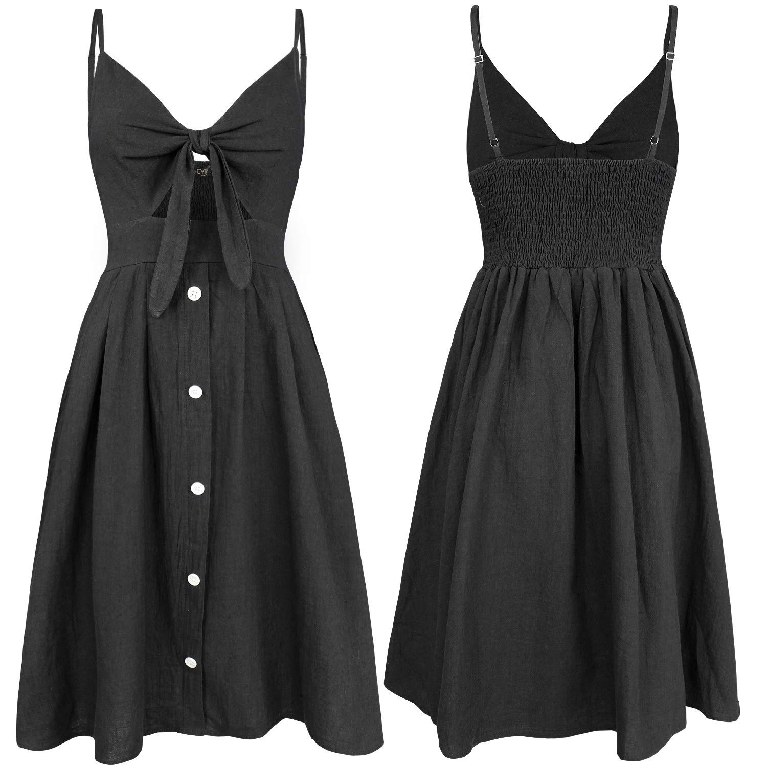 FANCYINN Vestidos elásticos Casuales para Mujer Correa de Espagueti Cuello en V Busto Fruncido Línea A Vestidos de Verano con Bolsillos