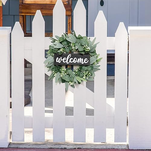 Miniatura 3 de Dremisland Corona para puerta delantera, corona de eucalipto verde de 18 pulgadas, letrero de bienvenida para granja, decoración de festival,
