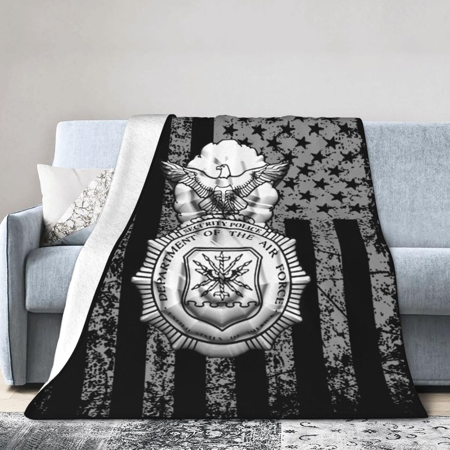 USAF Security Forces Fleece Blanket Vintage Black American Flag - Soft Plush Throw Blanket for Couch, Bed, Sofa - Cozy Home Decor - Perfect for Travel Camping 80x60 Inches