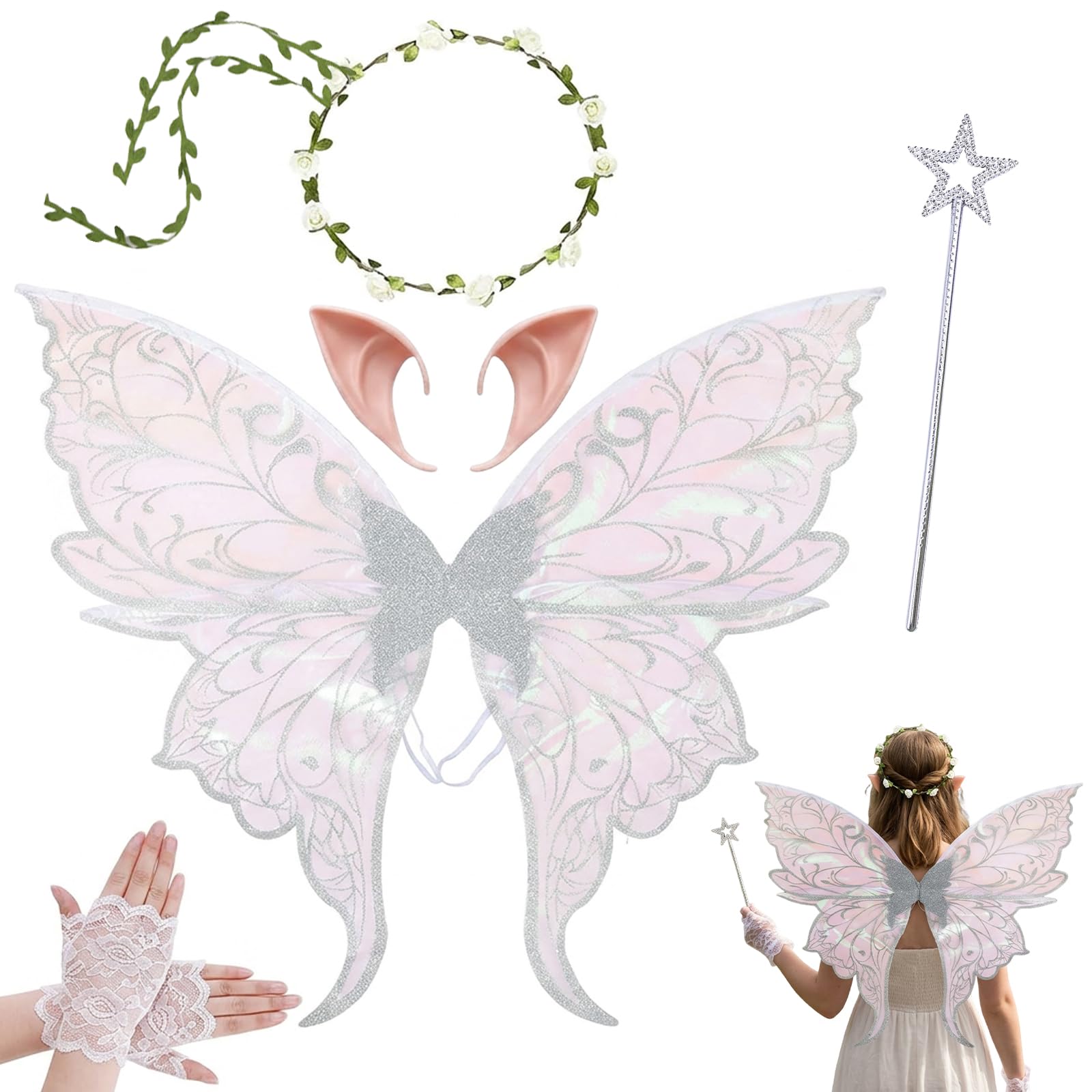 Wtoawgt Fairy Wings for Adult, Butterfly Wings with Wreath, Elf Ears, Fairy Wand, Gloves, Angel Princess Fairy Costume for Halloween Party Cosplay (Silver)