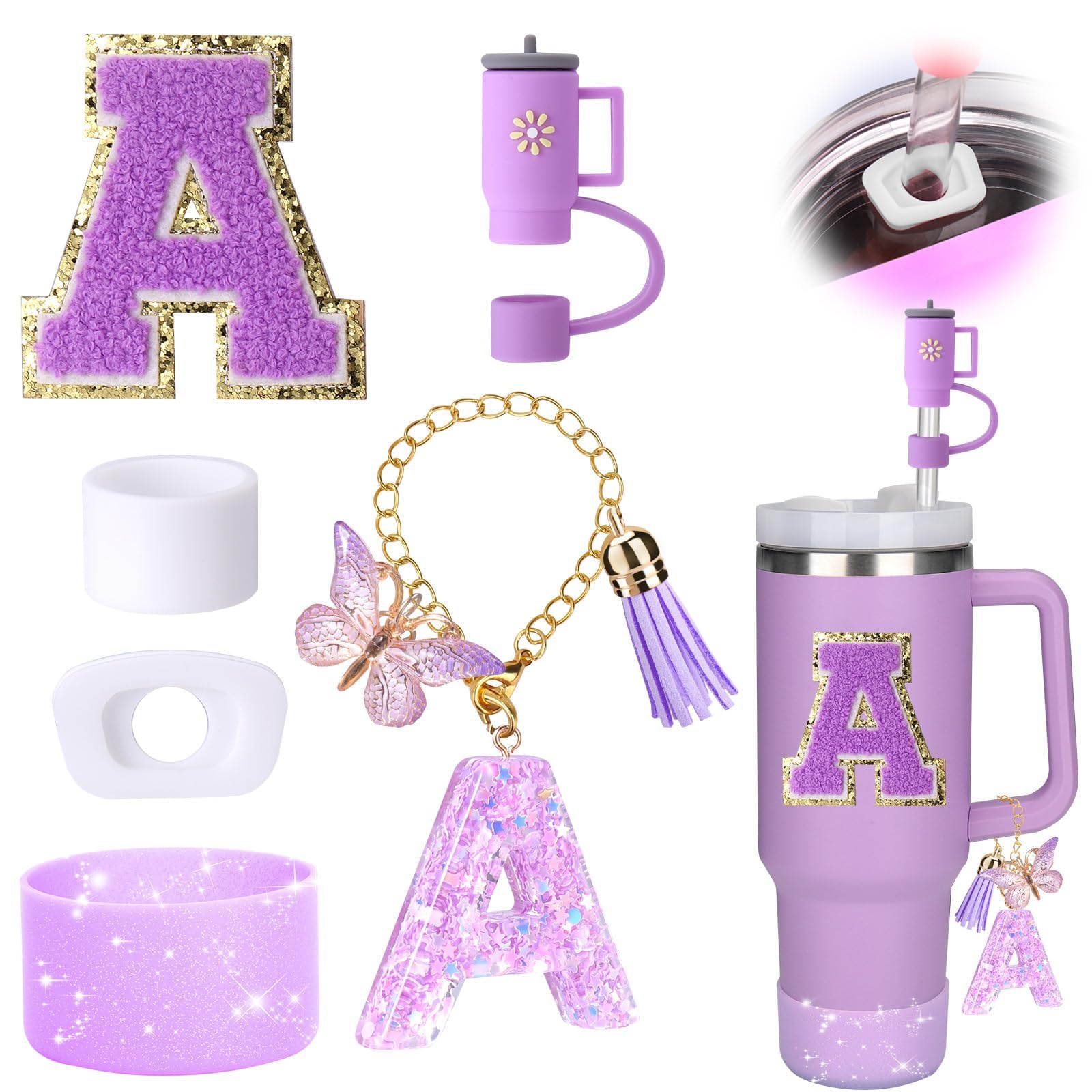 6PCS Cup Accessories Set for Stanley Cup 30oz 40oz tumbler with handle, Including Silicone Straw Topper Cover Cap and Boot, Spill Proof Stopper, Handle Charm, Initials Sticker,Cup not included(A)