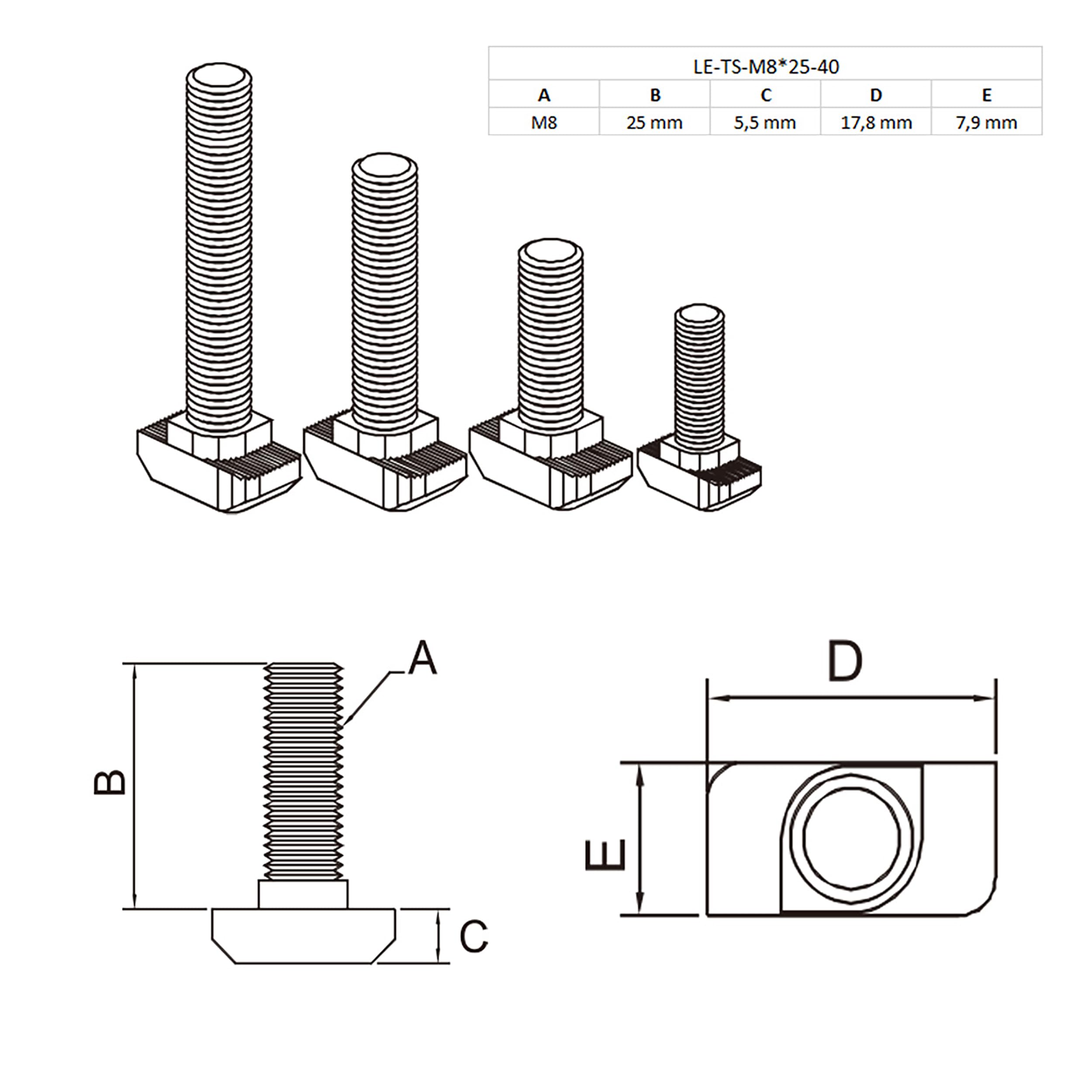 KLAK 40 - Edelstahl Hammerkopfschraube T-Schraube M8 25mm Nut 8 Aluprofil 40-er 10 Stück + Mutter