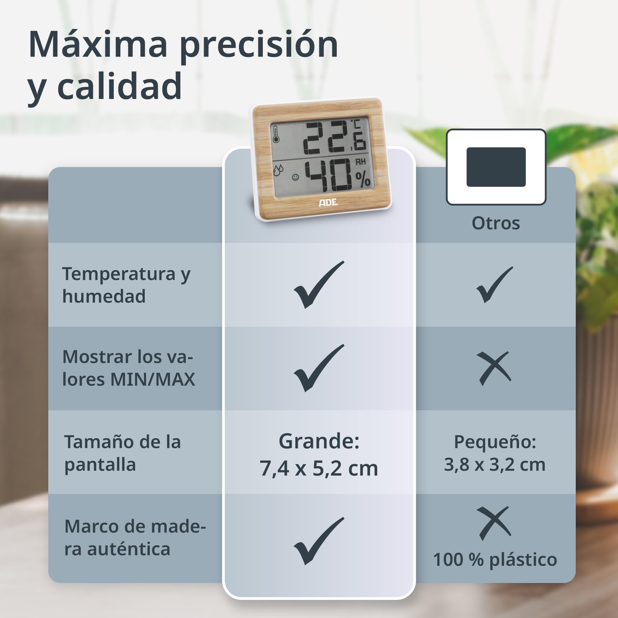 ADE Higrómetro digital para indicar la humedad y la zona de confort | termómetro con indicación precisa de la temperatura | pantalla LCD | bambú | 2 piezas
