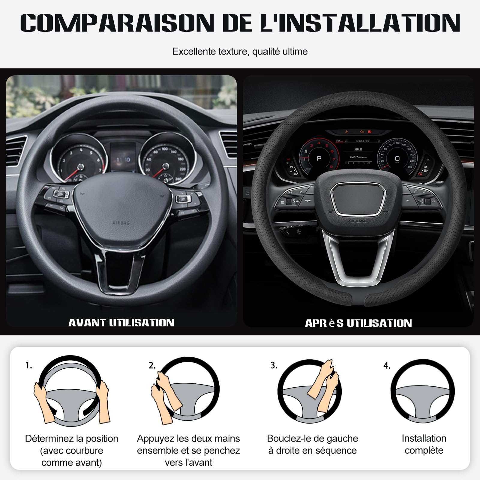 Ergocar Housse De Volant Cuir Respirante Doublure Antidérapante en Fibre Carbone 15 Pouces (38 Centimètres) Accessoire d'Intérieur pour Voiture Convient à La Plupart des Véhicules