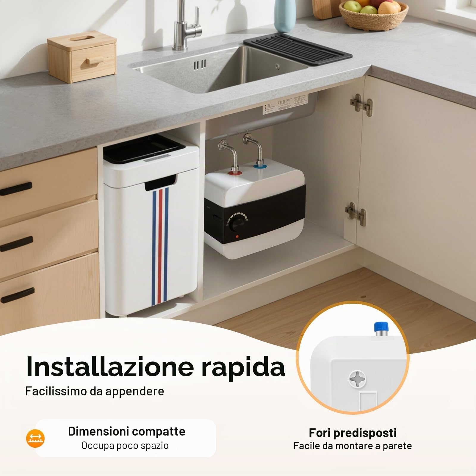 Scaldabagno istantaneo elettrico 1500 W, mini scaldabagno 6L con tubo, regolazione della temperatura 0-65 °C, LED chiaro, economico e compatto, per lavabo cucina bagno