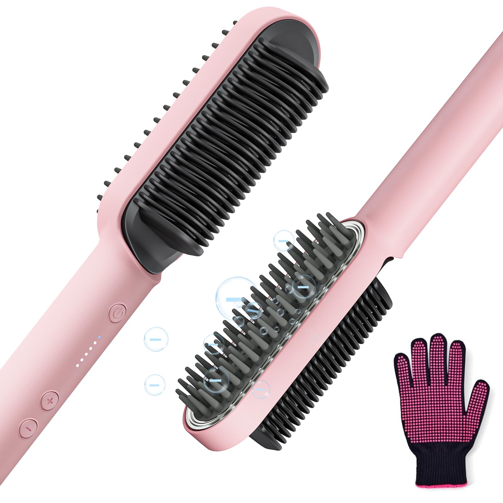 ISTORAGE Hair Straightener Brush, Ring Ionic Hair Straightener Comb Ceramic Straightening Brush for Women with 5 Temps 15s Fast Heating & Dual Voltage, Pink