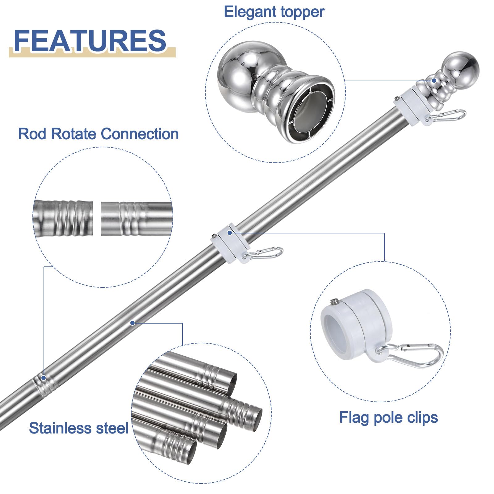 6FT Inoxidable Acero Bandera Mástil Kit Con 360° Antienvoltura