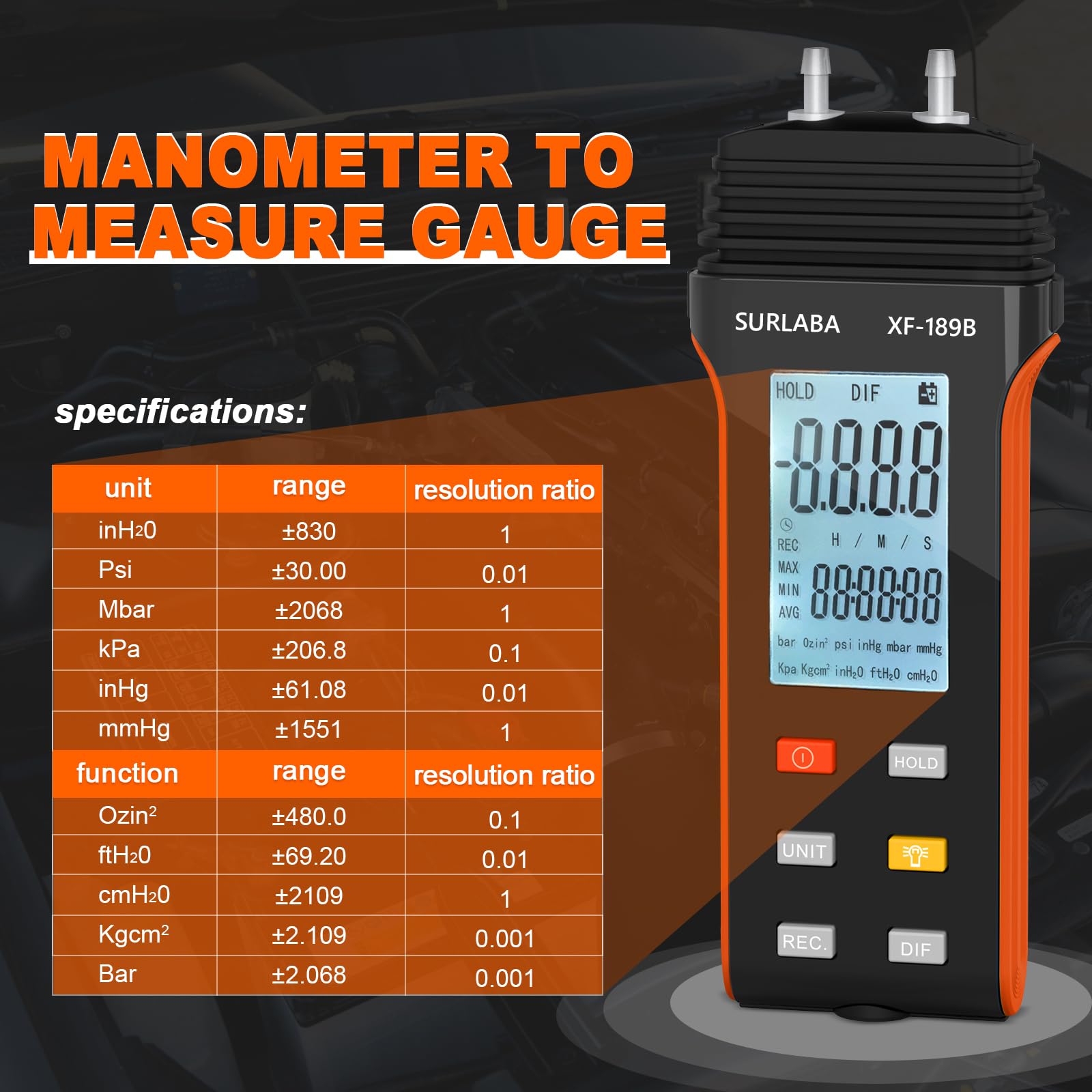 Manómetro Medidor Presión de Gas, Differential Pressure Gauge Digital Rango Medición 30Psi con 11 Unidades Seleccionables, Probador Vacío Aire para Presión Diferencial 1-2 Tuberías, HVAC