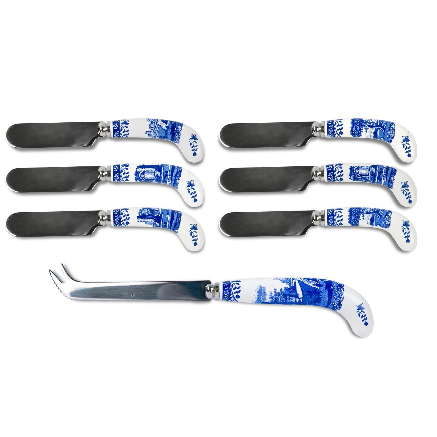 Spode Blue Italian Cheese Serving Set - 8 Inch Stainless Steel Knife and 6 Spreaders with Porcelain Handles, Entertaining Tools for Cheese Boards, Tapas, and Dining Presentation