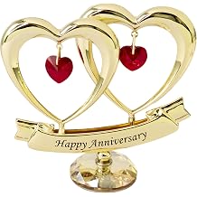 Matashi 24K Gold Plated Happy Anniversary Double Heart Table Top Ornament | Genuine Red Crystals & Crystal Base, Perfect Love Gift for Her, Wife, Girlfriend, Valentines Day Gift