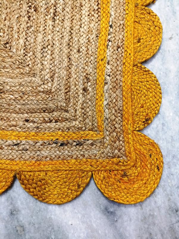 Alfombra festoneada de yute amarillo y natural, tejida a mano, respetuosa con el medio ambiente, duradera y respetuosa con el medio ambiente, decoración bohemia para sala de estar, dormitorio o