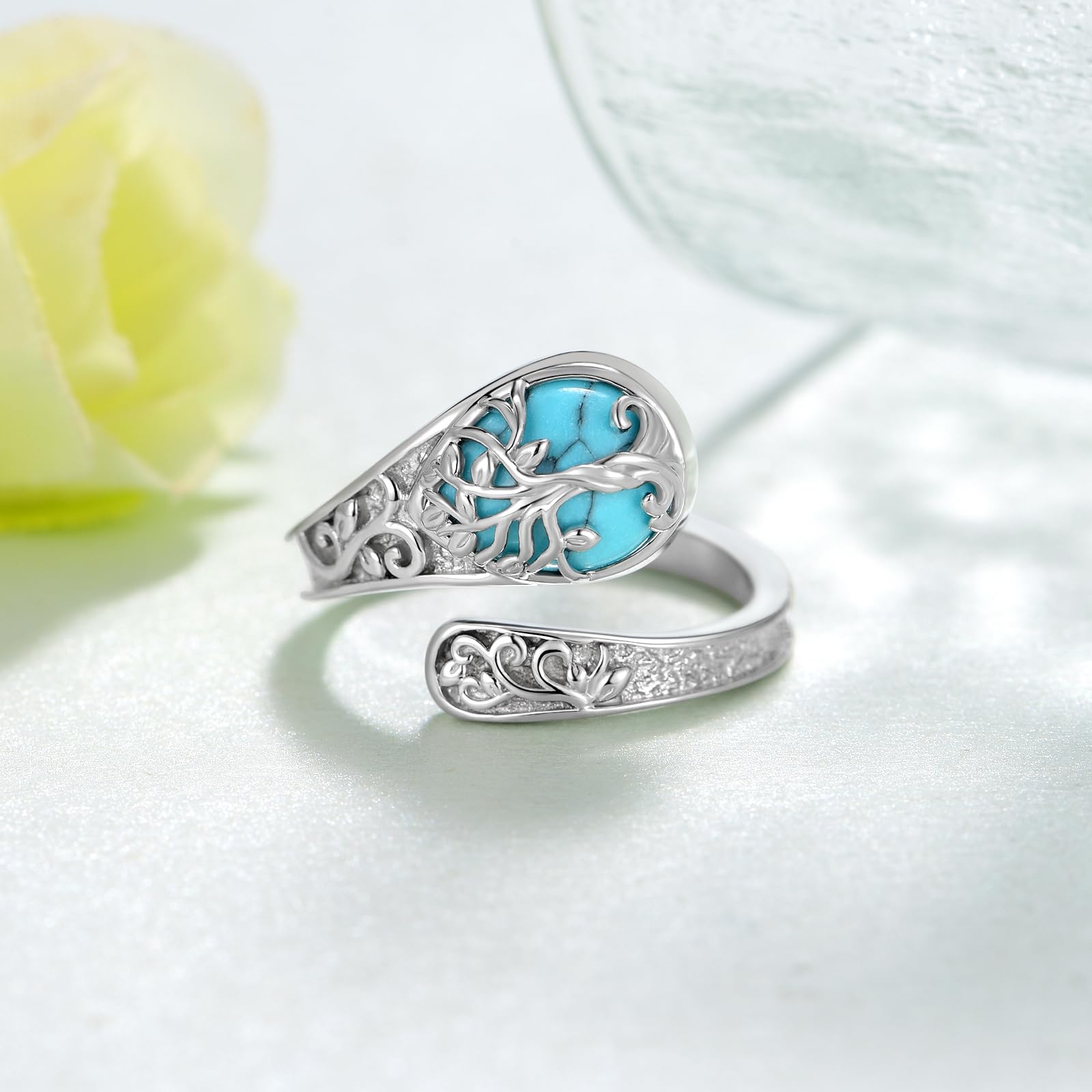 925 Sterling Silber Türkis Lebensbaum Löffelring für Frauen – Löffelring Vintage, Türkis Schmuck Geschenk für Frauen und Männer
