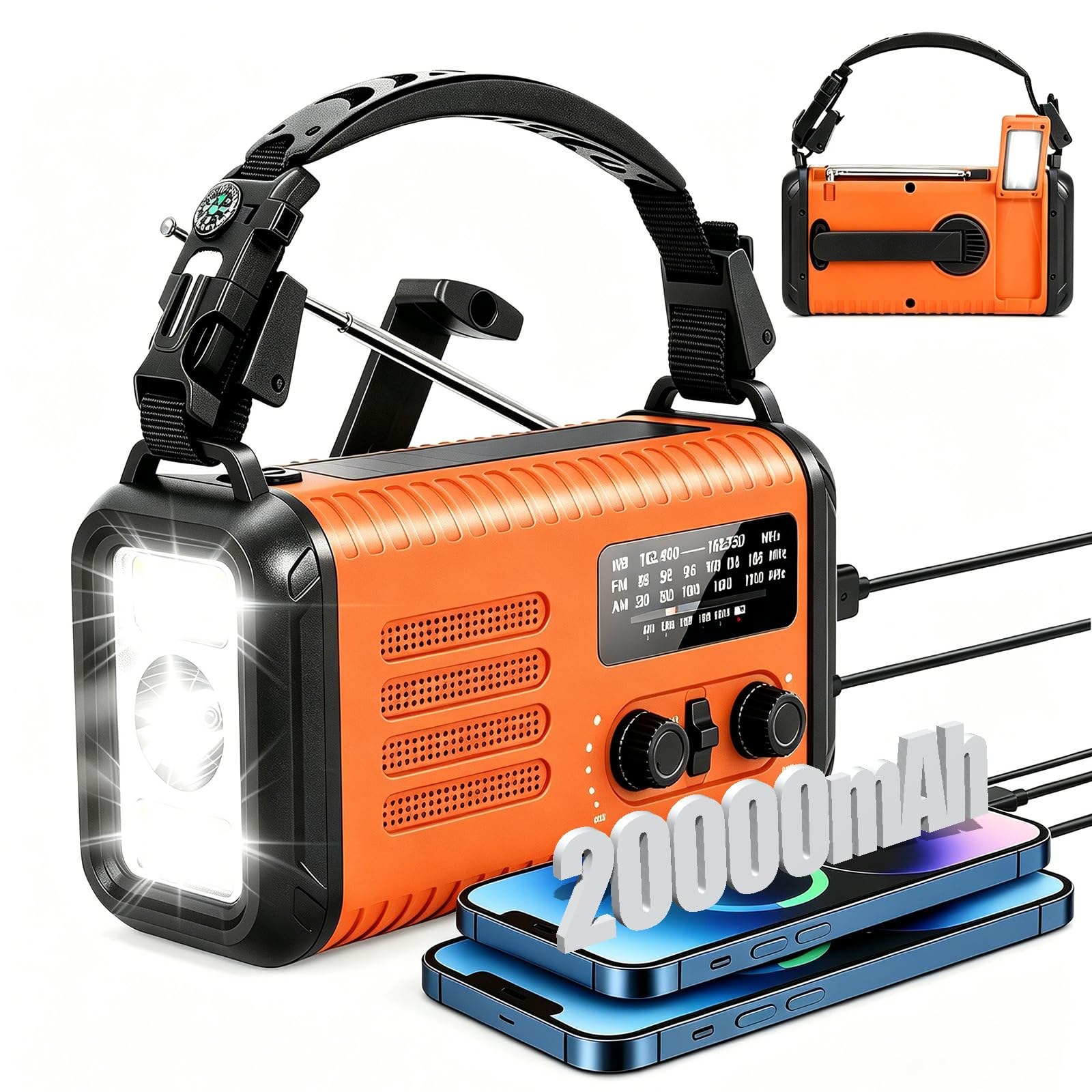 Radio di emergenza da 20000 mAh/74000 mWh, radio a manovella solare AM/FM/NOAA, con caricabatterie per telefono, allarme SOS, torcia elettrica e lampada da lettura per emergenze, uragano, campeggio