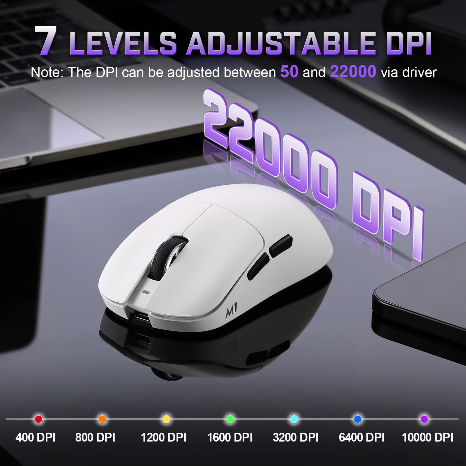 YUNZII M1 Kabellose Gaming-Maus, BT/2.4G Wireless/Wired Ultralight Mouse, PAW3311-Sensor 10000 DPI, Wiederaufladbare Kabellose Maus mit 5 Programmierbaren Tasten, über Software für Windows (Weiß) - 5