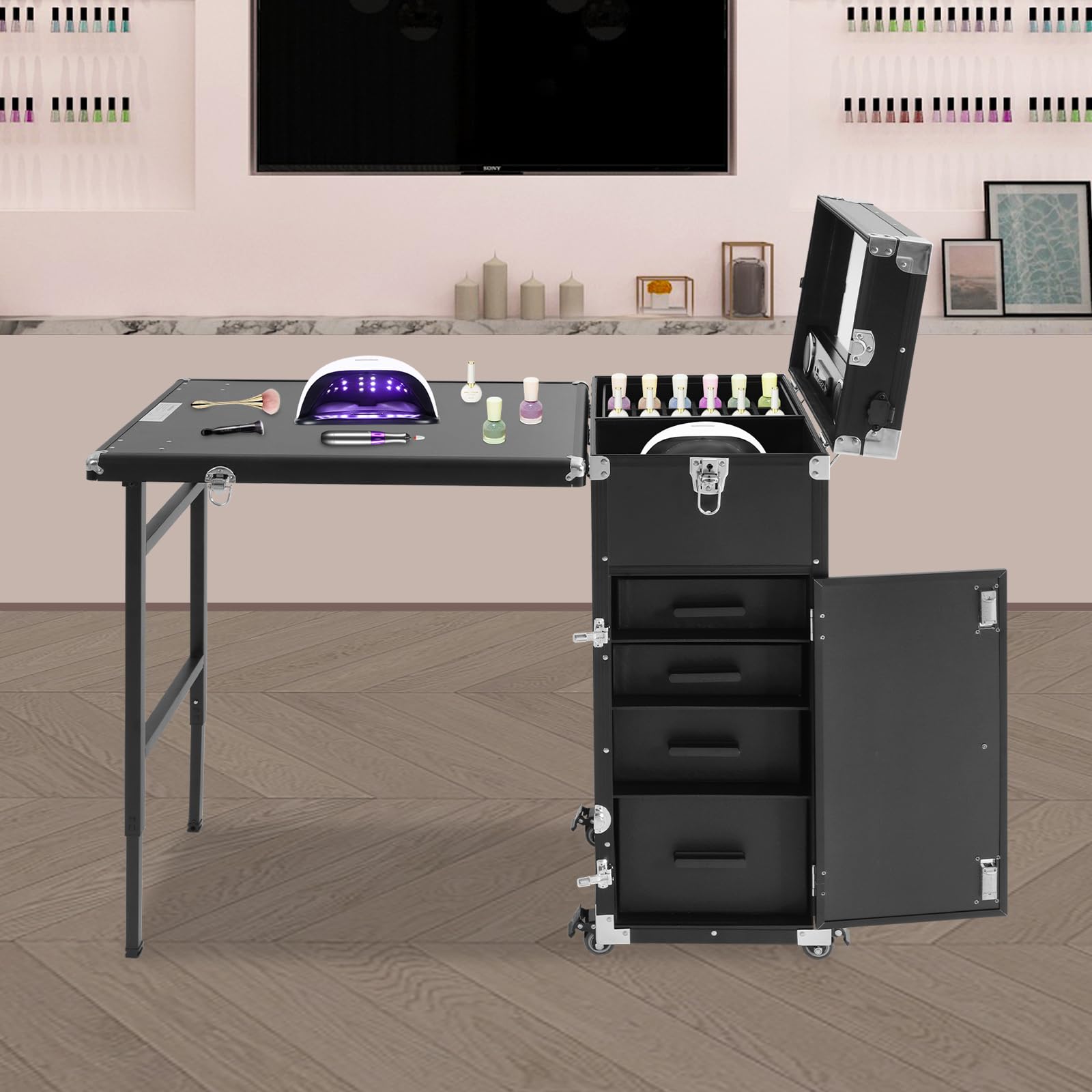 Mesa de manicura, mesa de uñas plegable con 4 cajones y mando a distancia, mesa de manicura móvil enrollable como estación de maquillaje temporal para salón de belleza (negro)