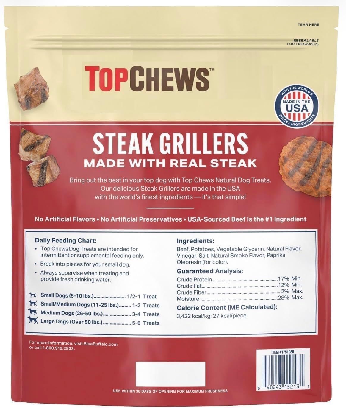 Top Chews Steak Grillers for Dogs, Made with Real Steak; No Artificial Flavors; No Artificial Preservatives. 32 oz