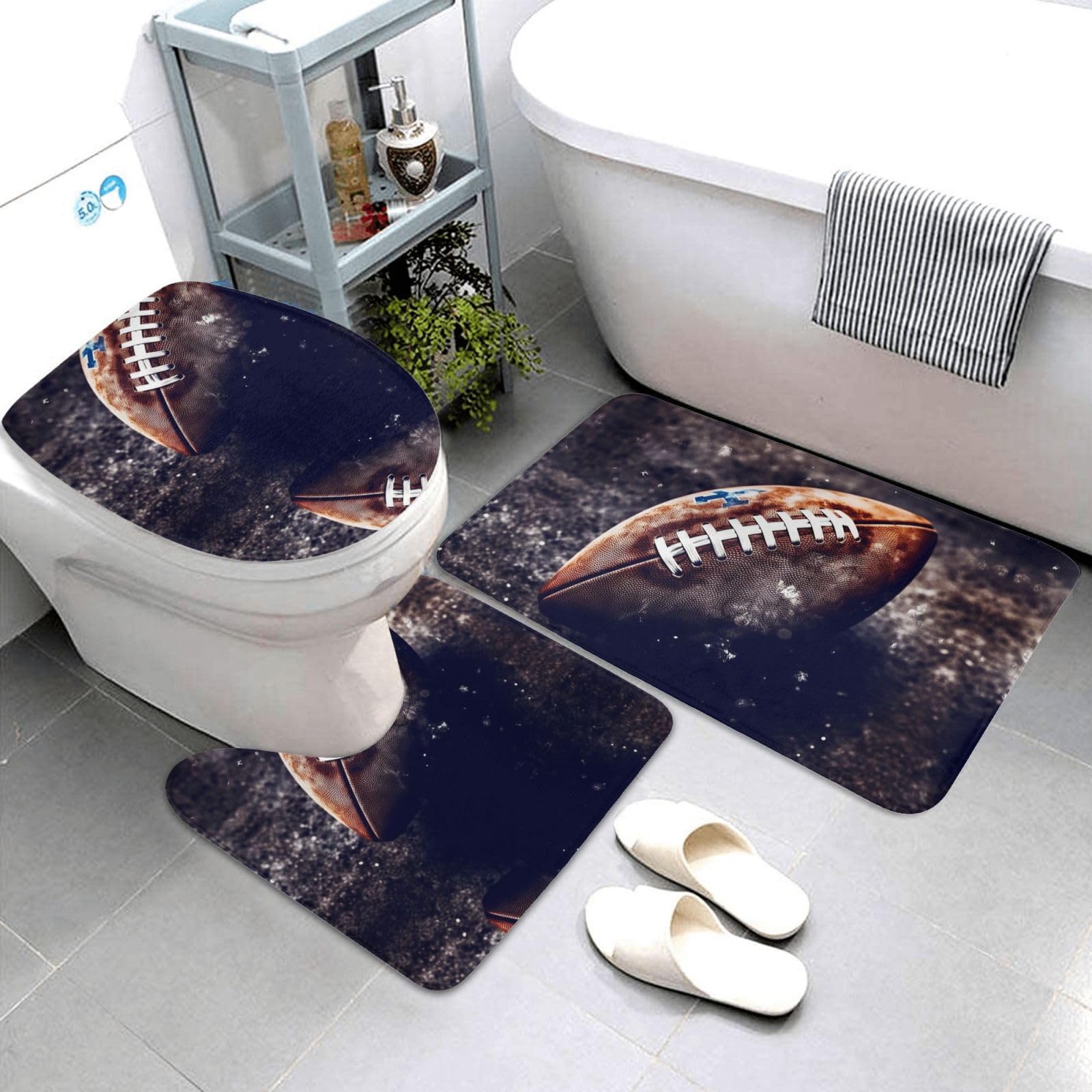 Dwrepo American Football Print Bathroom Rug Set 3 Piece with Non-Slip U-Shaped Contour Mat and Toilet Lid Cover for Bathroom Decoration