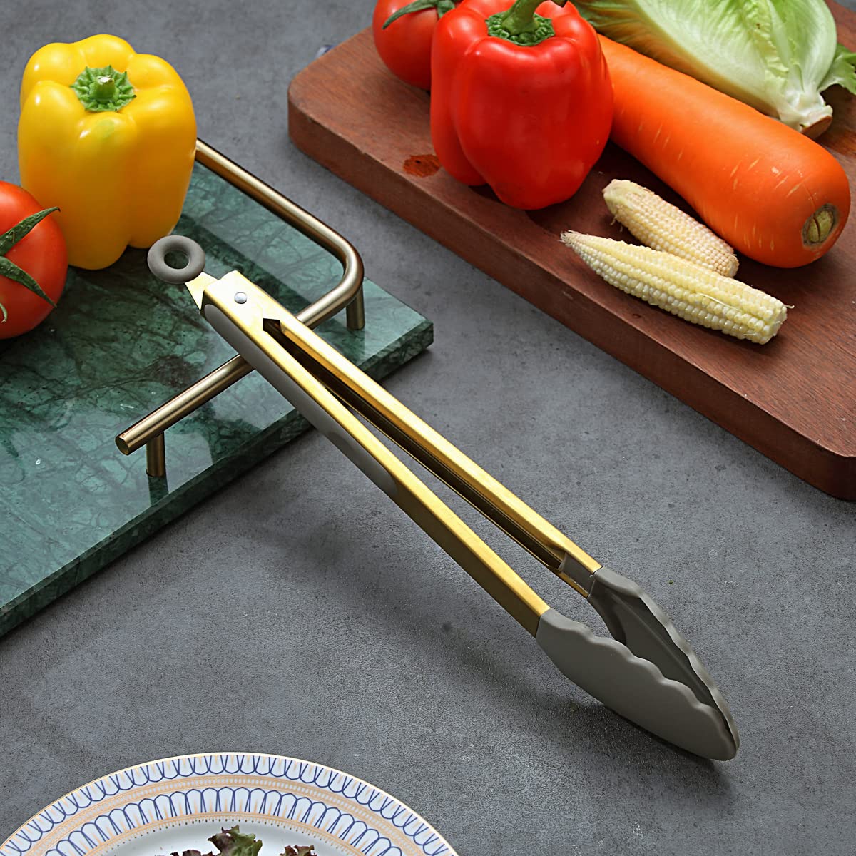 Pinzas de cocina doradas, pinzas de alimentos resistentes para cocinar con puntas de silicona y mango chapado en oro de titanio, pinzas de cocina, pinzas para parrilla, aptas para 3