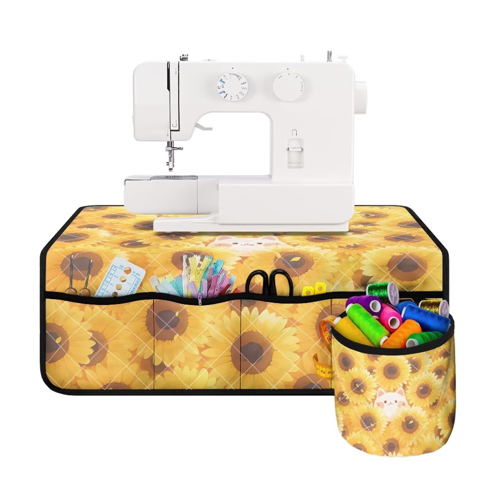 Sewing Machine Mat for Table with 4 Pockets for Sewing Accessories Non Slip Mats Soft Sew Machine Pad Protective Accessories - Sunflower Cat