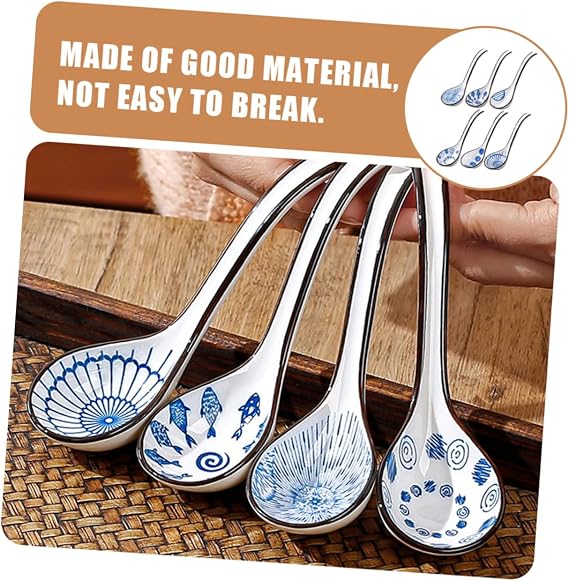 6pcs Blue White Ceramic Soup Spoon Chinese Style Soup Ladle Spoon Rice Porcelain Dinner Asian
