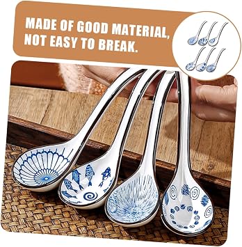 6pcs Blue White Ceramic Soup Spoon Chinese Style Soup Ladle Spoon Rice Porcelain Dinner Asian