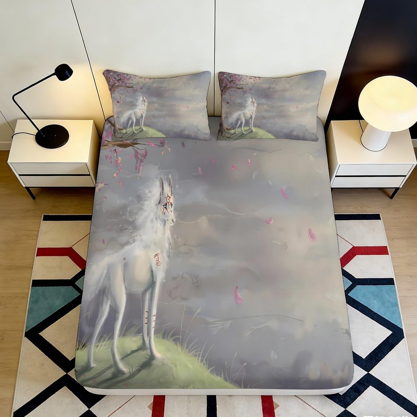 3D Printed White Wolf Fitted Sheet Microfiber Soft Breathable Sakura Blossom Bed Cover for Bedroom Dorm Mattress Decor 90x200x25cm
