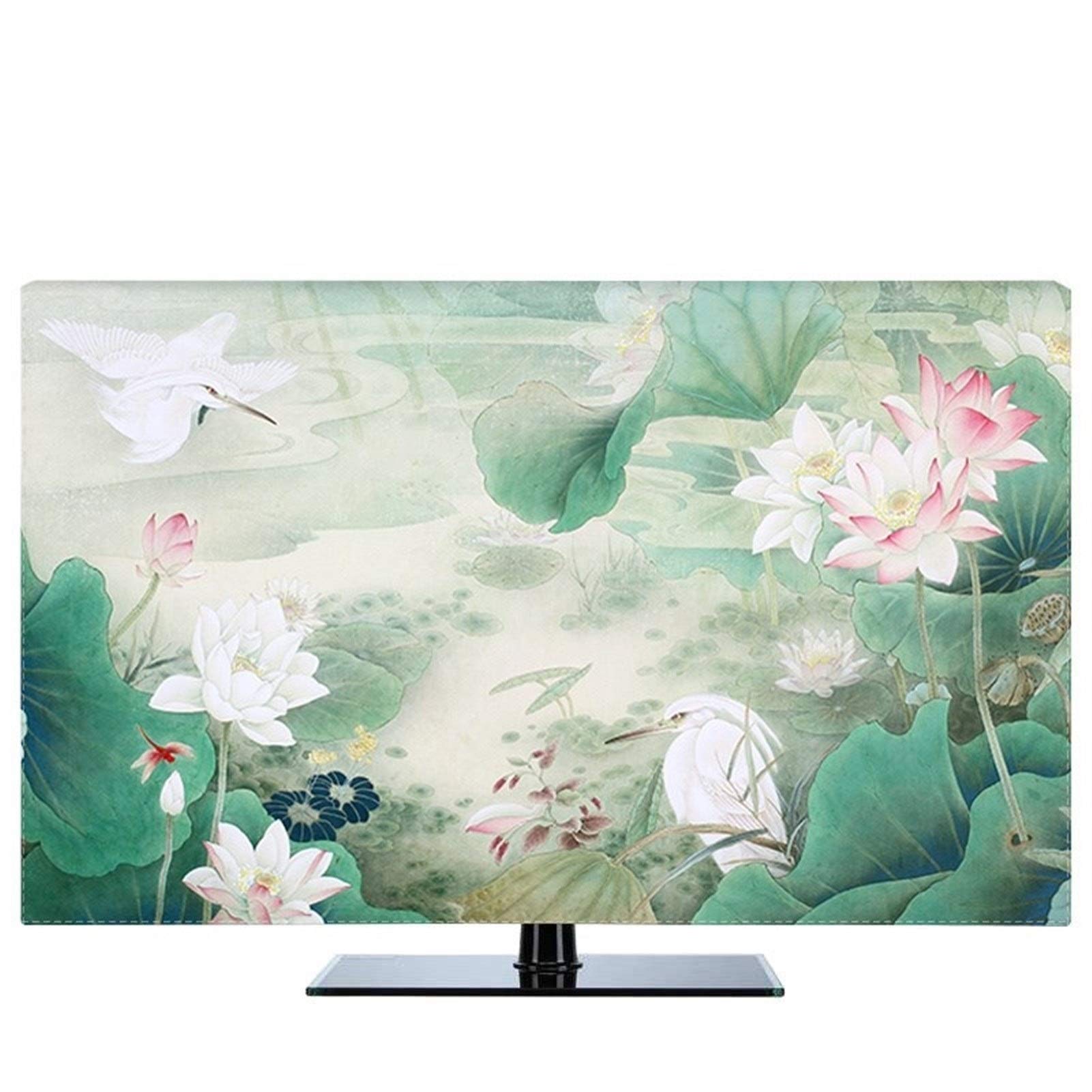 Generico Custodia Protettiva TV Impermeabile 19" - 80" Schermo 22 Pollici 75 TV Copertura PC Decorativo Hood Cortina Di Pittura Floreale Lily Locus Uccelli Impermeabile Verde Blu(Light Green,43 inch)