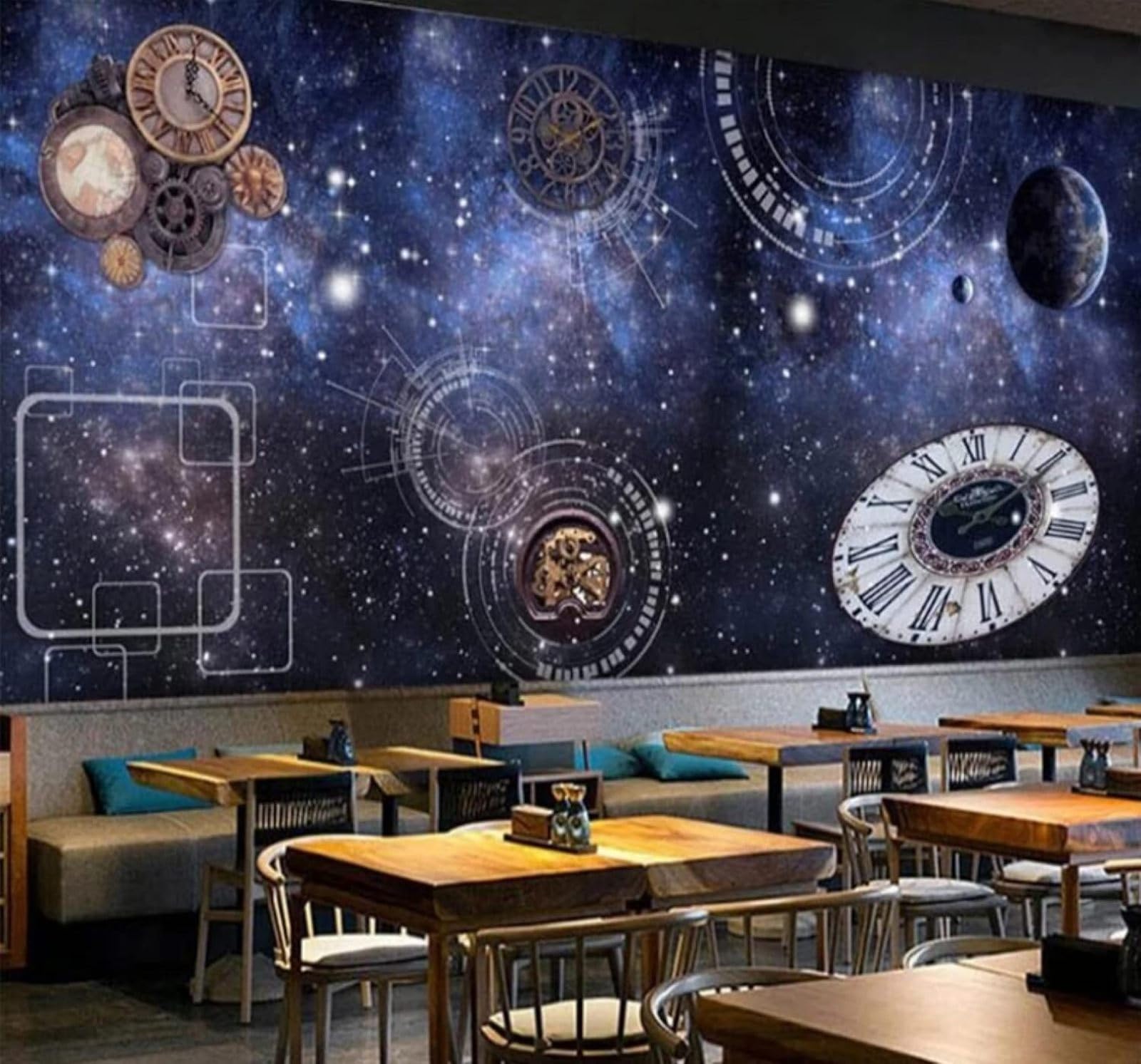 XLMING Creative Blue Universe Starry Sky Clock 3D Wallpaper Luxury Silk Study Dining Feature Sofa Grey Bedroom Living Room Tv Decorative Wall-400cm×280cm