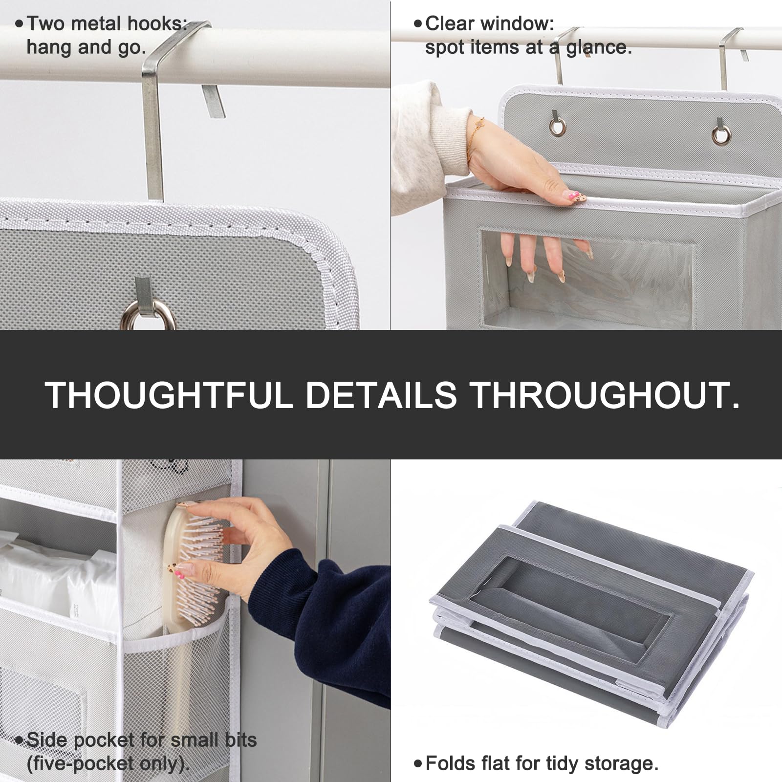 Hoconnie Organiseur de porte à suspendre avec poches transparentes, crochets en métal pour chambre, salle de bain, cuisine, camping-car, (gris clair, 5 poches)