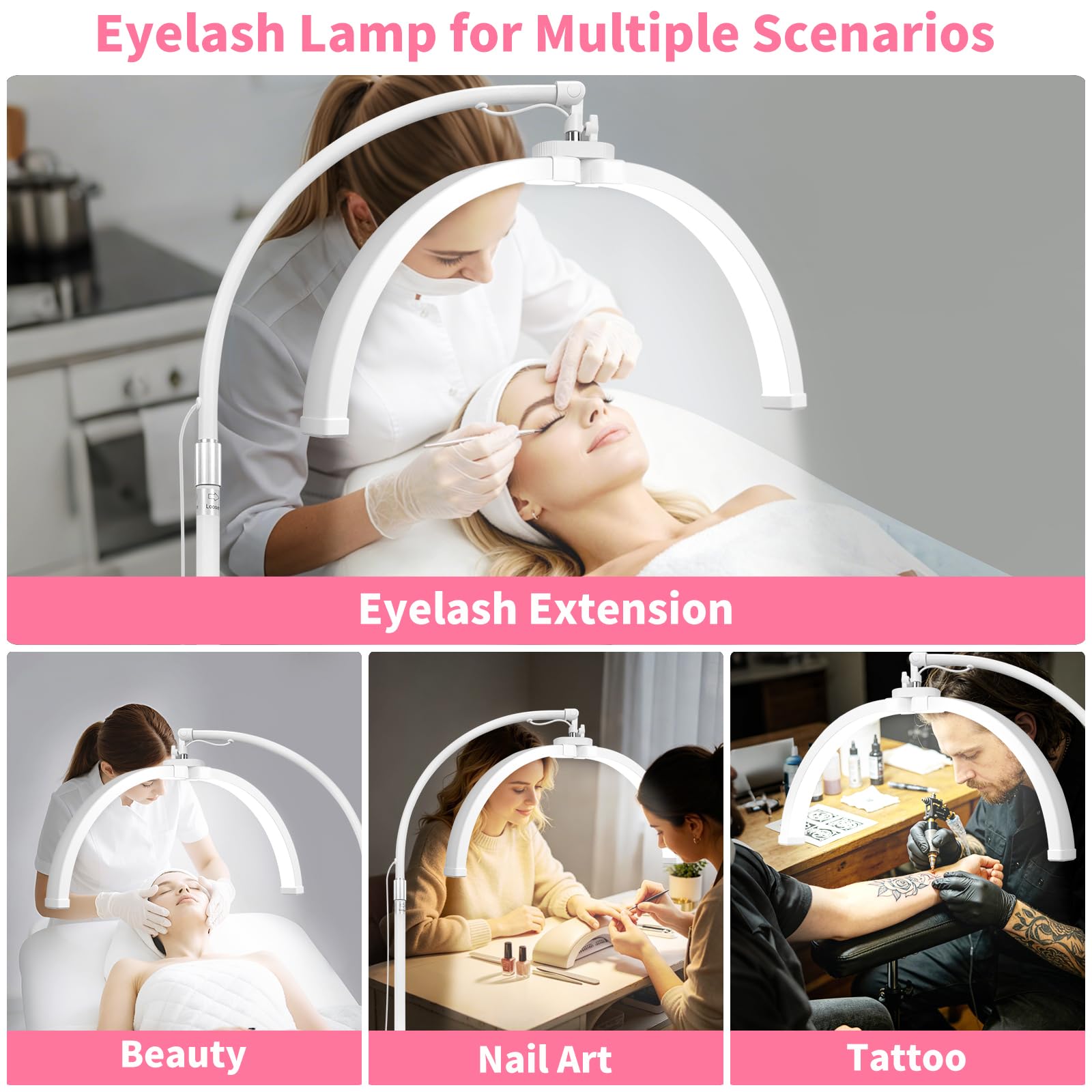 CGBE Halbmond Wimpern Lampe für Wimperntechnik: Faltbare LED Kosmetiklampe mit 360° Drehbarer Lichtkopf - Höhenverstellbar Dimmbare Stehlampe mit Handyhalter für Wimpernverlängerung Tattoo - Weiß