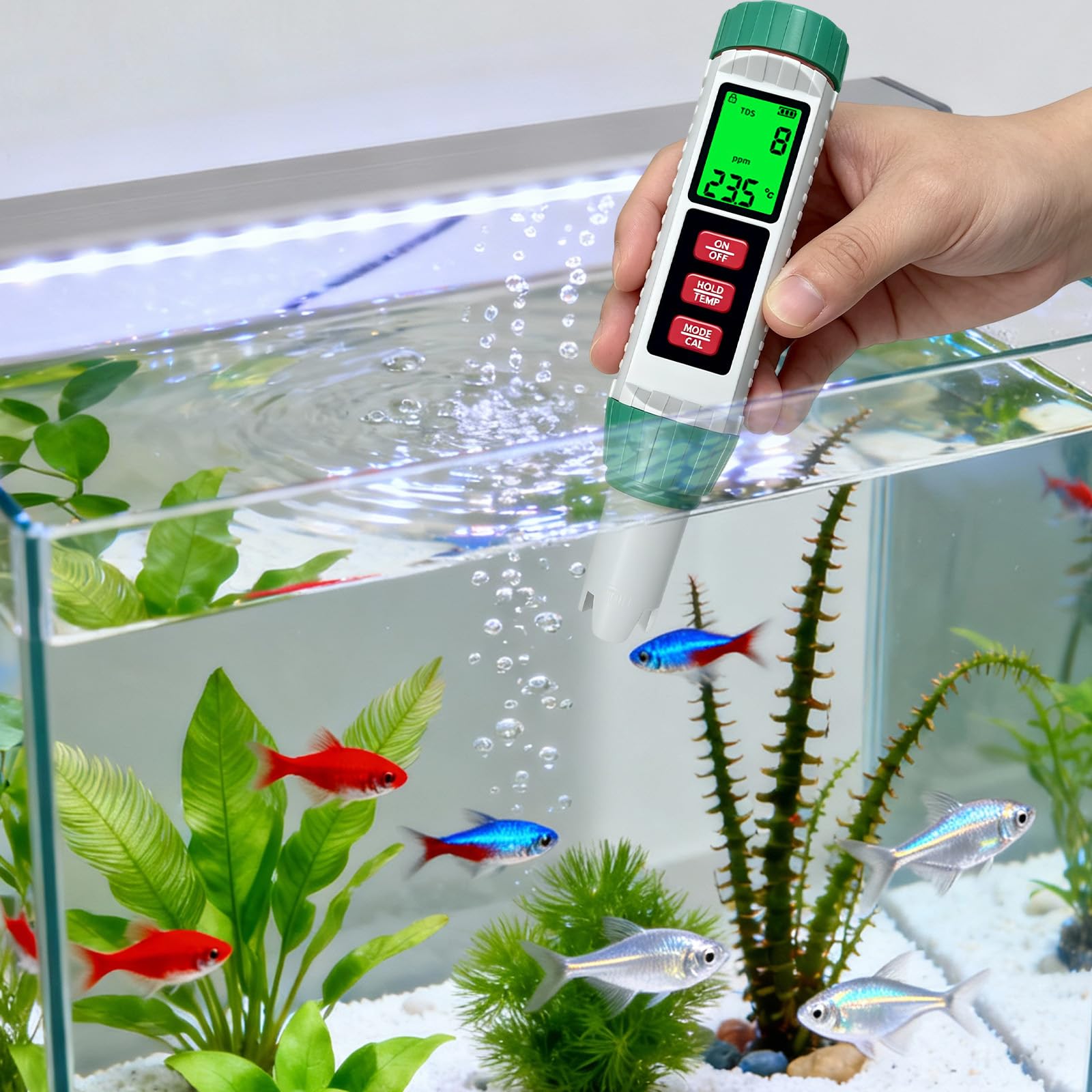 Comprobador de calidad del agua 5 en 1 pH EC TDS salinidad alta precisión | Sonda resistente a la corrosión/pantalla LCD dual