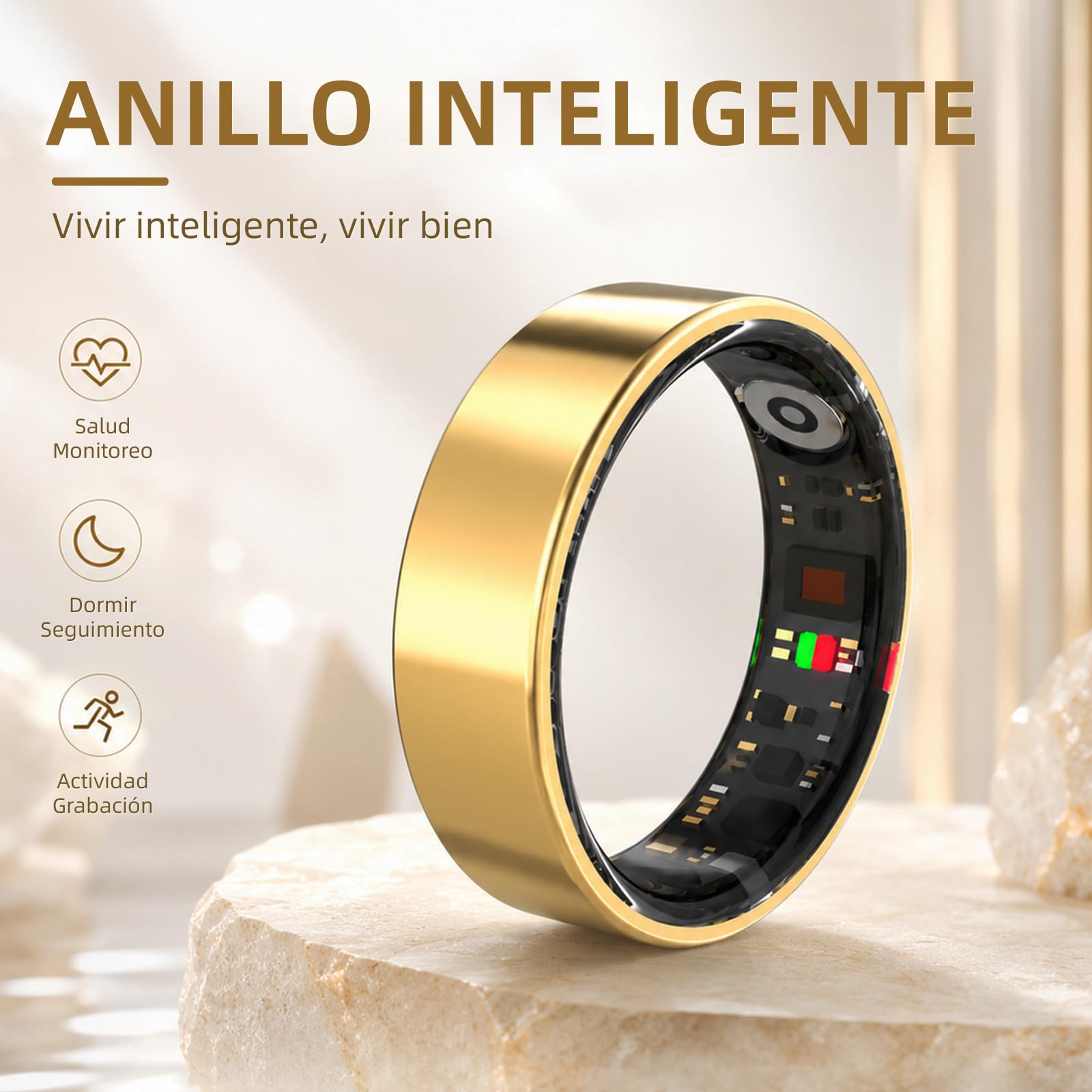 anello intelligente per attività fisica con frequenza cardiaca, ossigeno nel sangue, stress, monitoraggio del sonno, monitoraggio dei passi, impermeabile fino a 10 ATM (oro rosa, 13)
