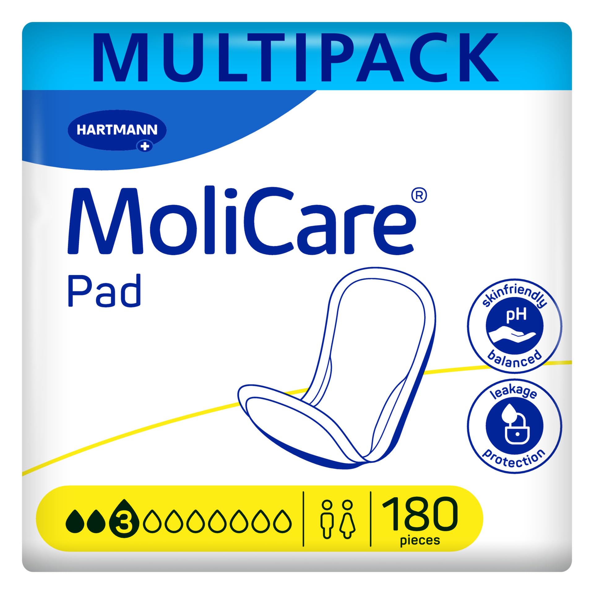 MoliCare Pad 3 Drops | Discreet Incontinence Pads for Light Bladder Weakness | Absorbs up to 499ml | 6 Packs of 30 Pads (180 Pieces)