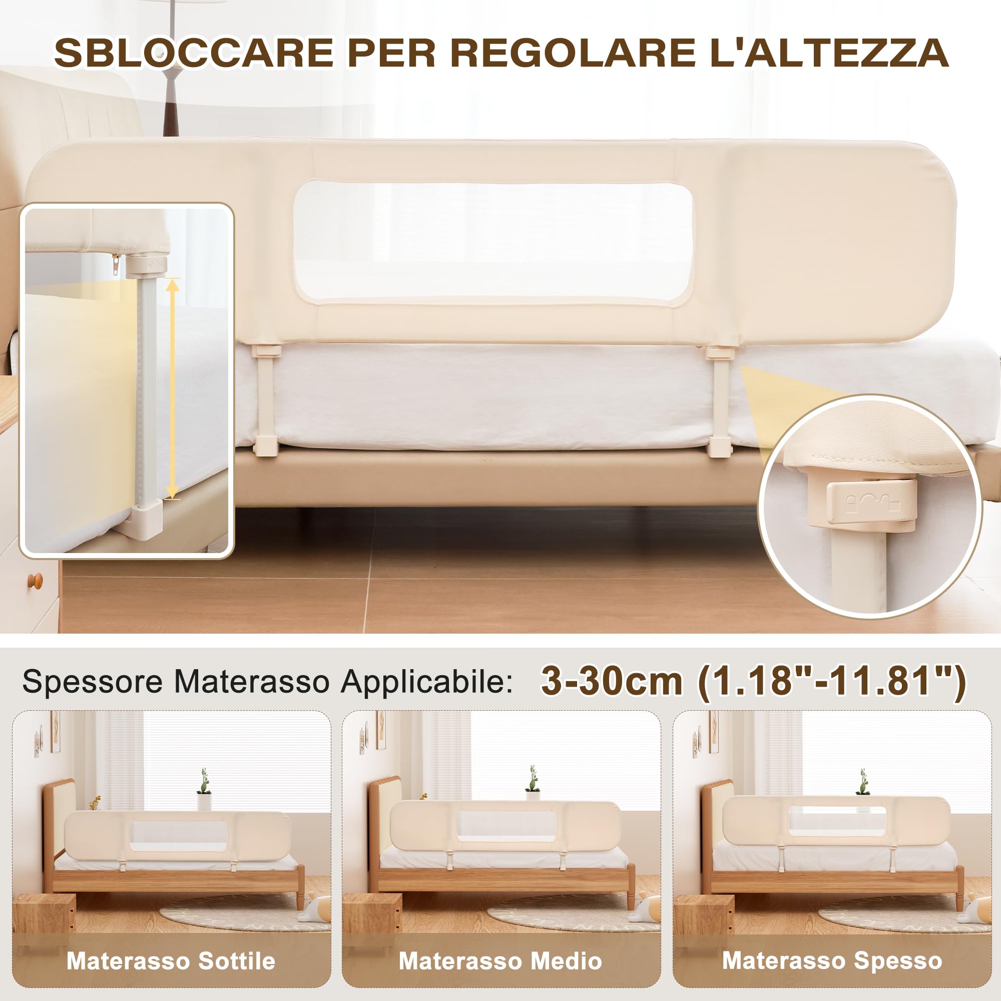 Sponda Letto Bambini 2 in 1 Pieghevole 185cm, Sbarra Letto Barriera Lettino o Cododo Lettino con Borsa Trasporto per Viaggi o Vacanze, Senza Installazione, Facile da Trasportare - Crema