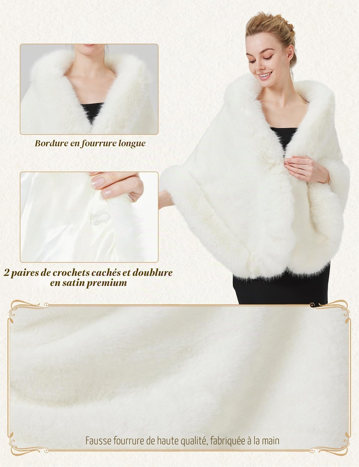 BEAUTELICATE Châle Étole en Fausse Fourrure Écharpe Cape De Femme Mariage Hiver Sur Robe de Soirée Mariée Cérémonie Fête Demoiselle d'honneur Ivoire Noire