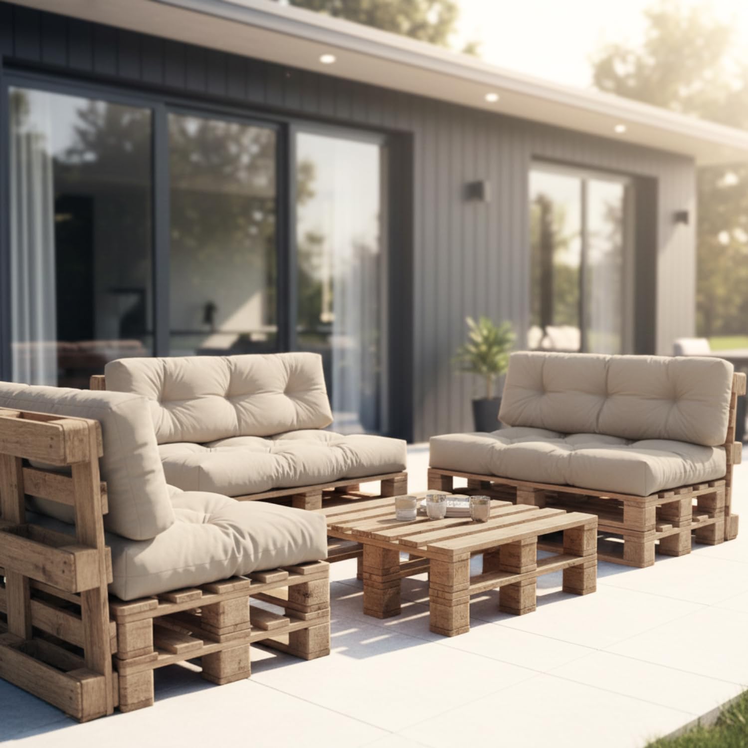 4L Textil Palettenkissen waschbar Palettenauflagen Outdoor Europaletten Sitzkissen Rückenlehne Sitzkissen Seitenkissen wetterfest (Set (Sitzkissen 120x80 + Rücklehne 120x40), Beige Uv-beständig)